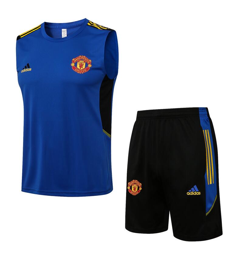 2021/22 Manchester United Blue Training Vest Kits Soccer Shirt with Shorts